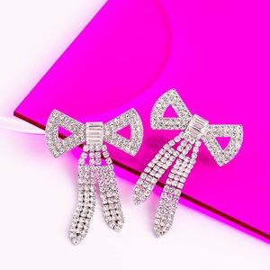 Silver Rhinestone Bow Earrings